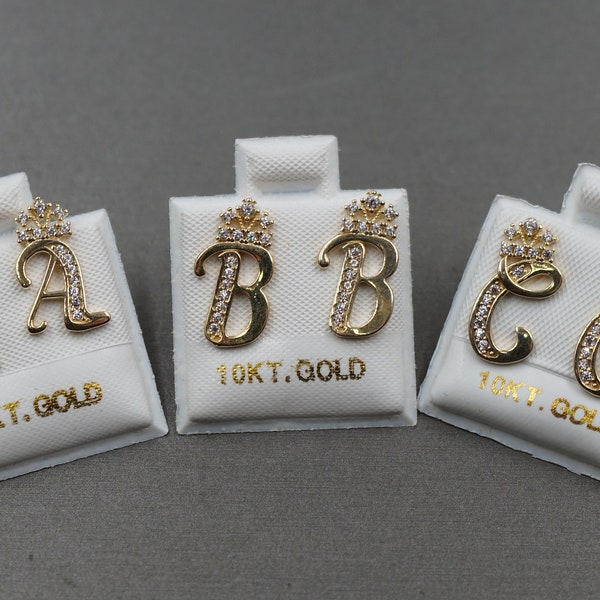 10K Solid Yellow Gold 0.5" x 0.35" Fancy Crown Initial Letter Alphabet A to Z CZ Stud Earring. Women Children Kid Men