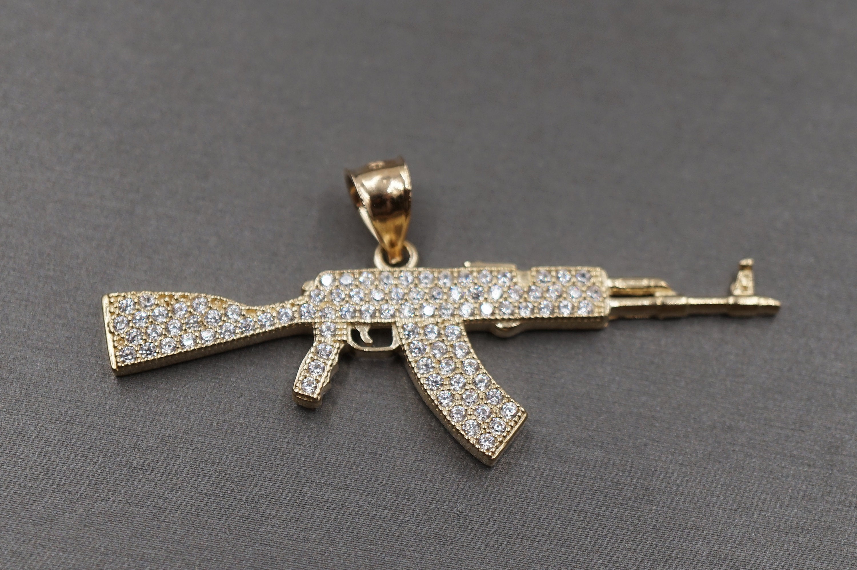 Mens 14K Gold Plated AK 47 Gun Rifle Iced CZ Bling Out Franco Chain Necklace  36