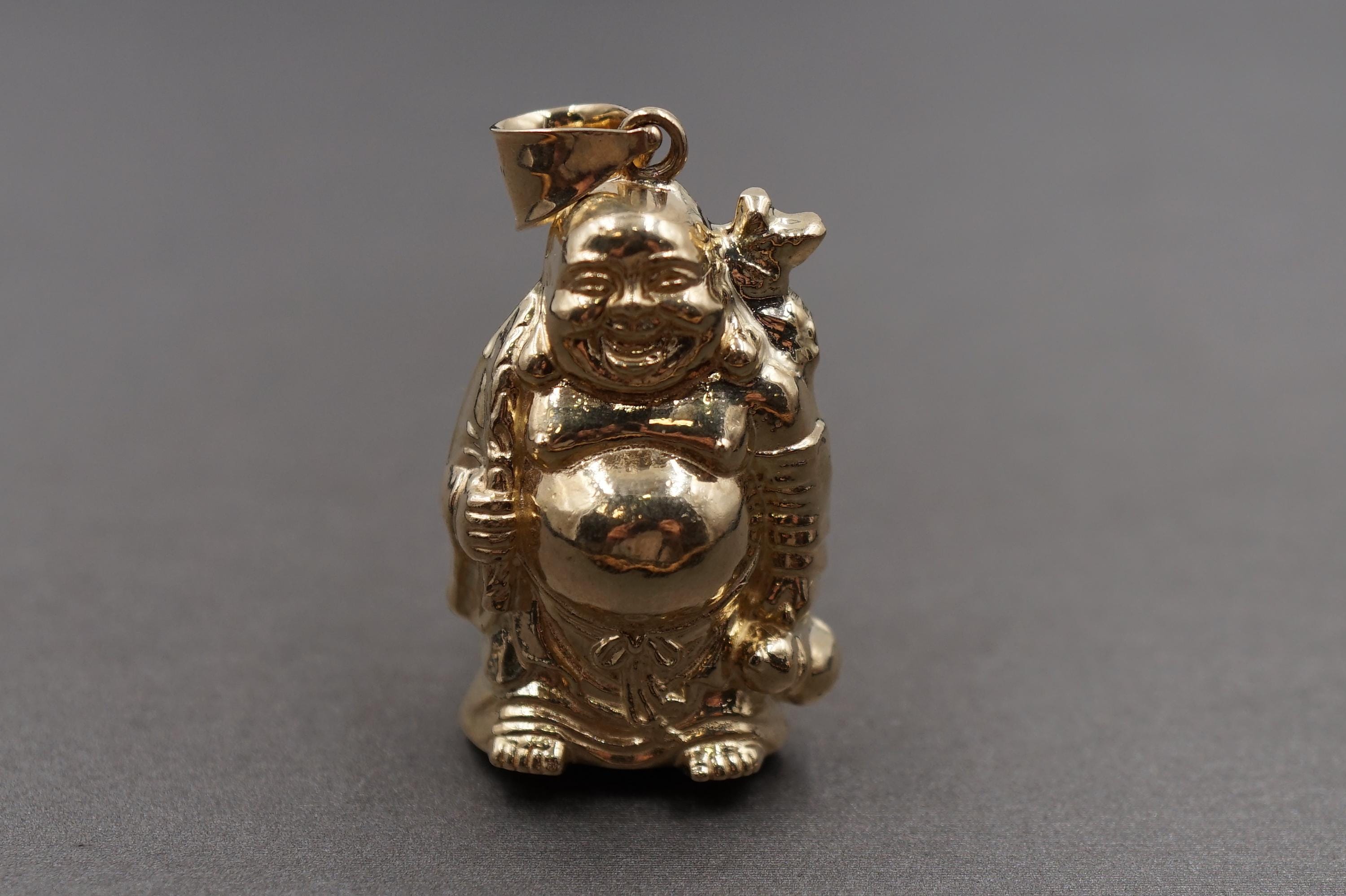 10K Yellow Gold 1.4" Hollow 3D Laughing Buddha Charm Pendant.