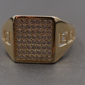 10K Solid Yellow Gold 13MM Greek Key Iced CZ Men Women Band Ring.