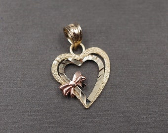 10K Solid Yellow Gold 0.75" Diamond Cut Two Tone Heart With Small Pink Bow Charm Pendant.