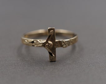 10K Solid Yellow Gold 2.5MM Sideways Crucifix Cross Band Ring.