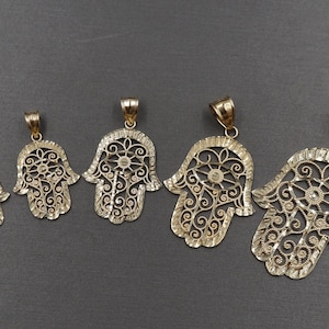 10K Solid Yellow Gold Diamond Cut Fatima Hamsa Hand Charm Pendant. 5 Sizes