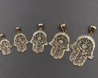 10K Solid Yellow Gold Diamond Cut Fatima Hamsa Hand Charm Pendant. 5 Sizes