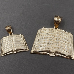 10K Solid Yellow Gold Diamond Cut Holy Bible Charm Pendant. 2 Sizes