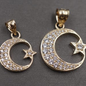 10K Solid Yellow Gold 0.9&quot; , 1.15&quot; Star and Moon CZ Charm Pendant. 2 Sizes