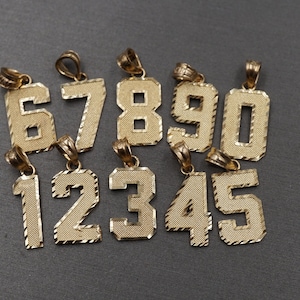 10K Solid Yellow Gold 0.8&quot; Diamond Cut Number Charm Pendant. Men Women Children
