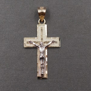 10K Solid Yellow Gold 1.3&quot; Two Tone Crucifix Cross Charm Pendant.