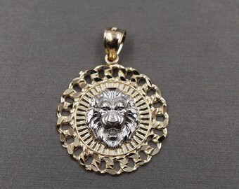10k Two-Tone Gold Lion Pendant – 1 1/4" Textured Curb Link Border – Goldum NYC