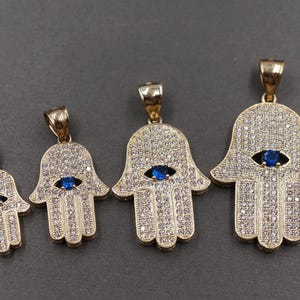 10K Solid Yellow Gold Iced CZ Fatima Hamsa Hand Good Luck Lucky Charm Pendant. 1&quot; ,  1.25&quot; , 1.5&quot; , 1.7&quot;