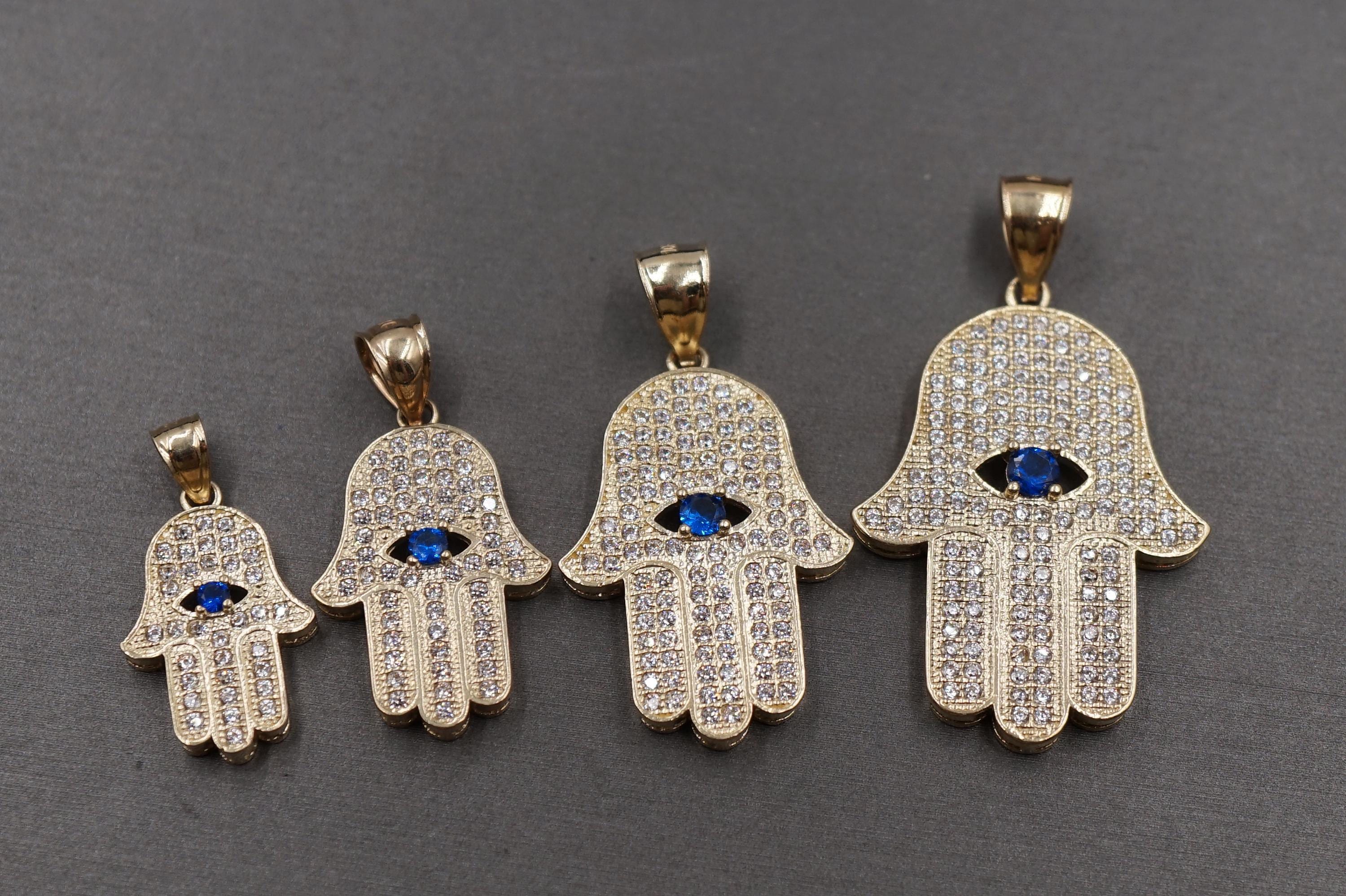10K Gold Iced CZ Hamsa Hand Pendant: Good Luck Charm