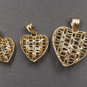 10K Solid Yellow Gold Diamond Cut Filigree Puffed Heart Charm Pendant. 3 Sizes