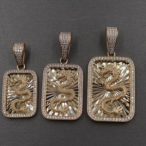 10K Solid Yellow Gold Super Shine Cut Dragon Square Iced CZ Charm Pendant. 3 Sizes