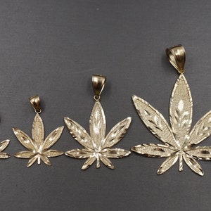 10K Solid Yellow Gold Diamond Cut Flat Marijuana Leaf Charm Pendant. 6 Sizes