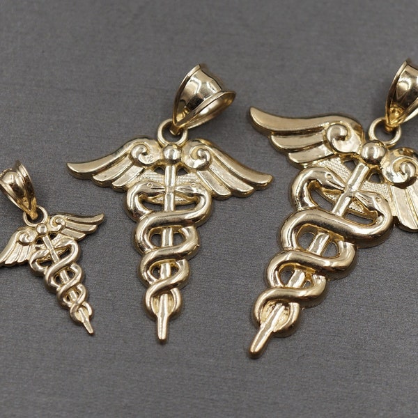 10K Solid Yellow Gold RN Medical Nurse Caduceus Sign Charm Pendant. 3 Sizes