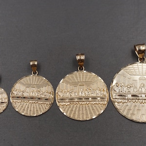 10K Solid Yellow Gold Diamond Cut Round Last Supper Charm Pendant. 4 Sizes