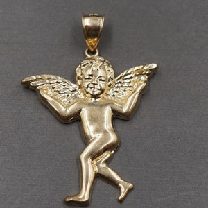 10K Solid Yellow Gold 2&quot; Diamond Cut Baby Angel Charm Pendant.