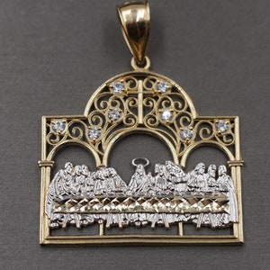 10K Solid Yellow Gold 1.9&quot; Two Tone Last Supper CZ Charm Pendant.