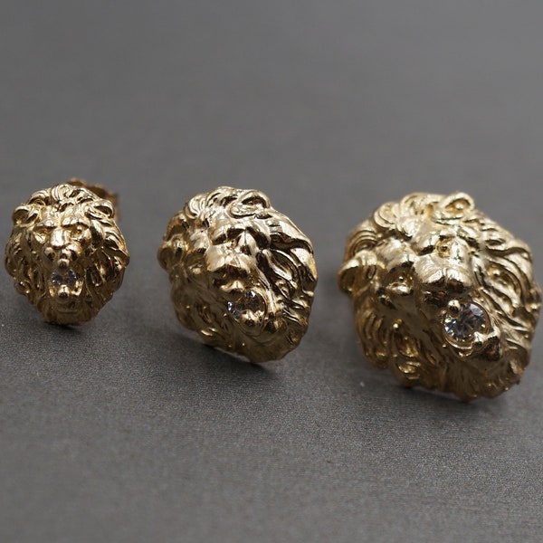 10K Solid Yellow Gold Lion Head with CZ Stud Earrings. 3 Sizes Men Women Children