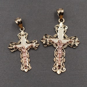 10K Solid Yellow Gold Diamond Cut Two Tone Crucifix Cross Charm Pendant. 2 Sizes