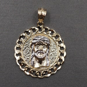 10K Solid Yellow Gold Two Tone Diamond Cut Circle Jesus Face Curb Cuban Link Charm Pendant. Men Women Children