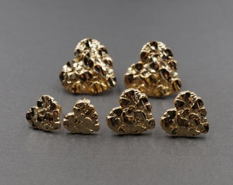 10K Solid Yellow Gold Diamond Cut Nugget Heart Stud Earrings. Men Women Children Kid Baby 3 Sizes