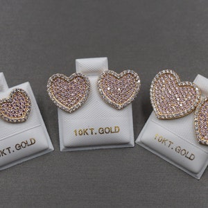 10K Solid Yellow Gold Fancy Heart Pink and White CZ Stud Earring. Women Children Kid Men