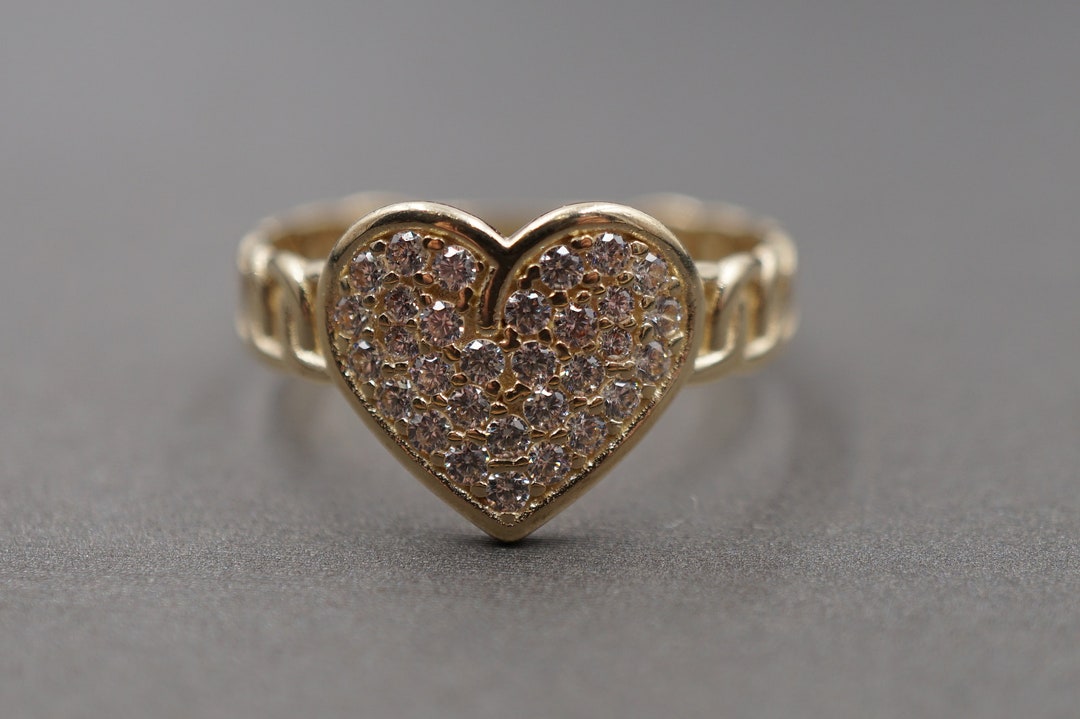 10K Solid Yellow Gold 0.5 Heart CZ Curb Cuban Link Band Ring. - Etsy