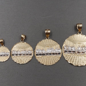 10K Solid Yellow Gold Diamond Cut Two Tone Circle Last Supper Charm Pendant. 4 Sizes