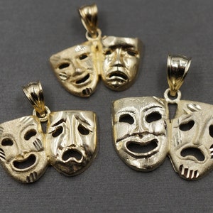 10K Solid Yellow Gold Diamond Cut Smile Now Cry Later Comedy Happy Sad Face Charm Pendant. Men Women Children 3 Sizes
