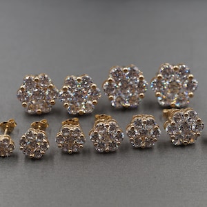 10K Solid Yellow Gold Fancy Shine Cluster CZ Stud Men Women Children Earring. 6 Sizes