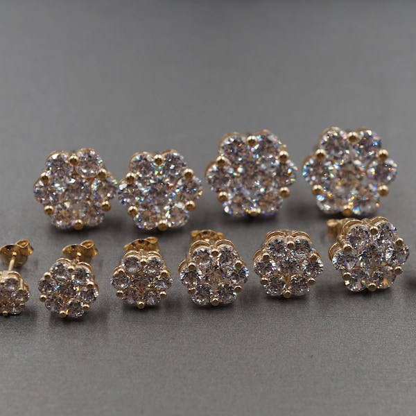 10K Solid Yellow Gold Fancy Shine Cluster CZ Stud Men Women Children Earring. 6 Sizes