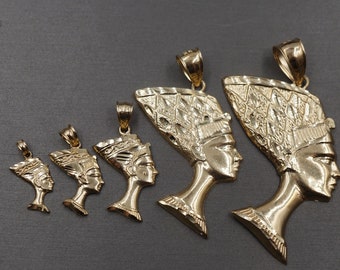 10K Solid Yellow Gold Diamond Cut Egyptian Queen Nefertiti Charm Pendant.