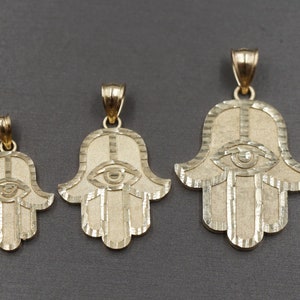 10K Solid Yellow Gold Diamond Cut Fatima Hamsa Hand Eye Charm Pendant. 4 Sizes