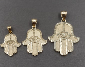 10K Solid Yellow Gold Diamond Cut Fatima Hamsa Hand Eye Charm Pendant. 4 Sizes