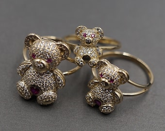 10K Solid Yellow Gold Iced Cute Teddy Bear CZ Band Ring. 3 Sizes