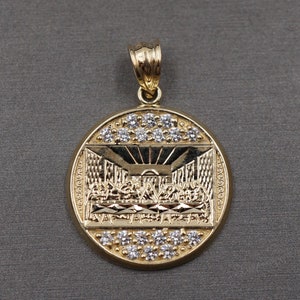 10K Solid Yellow Gold 1.1&quot; Circle Last Supper CZ Charm Pendant. Men Women Children