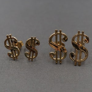 10K Solid Yellow Gold Diamond Cut Money Dollar Sign Stud Earrings. Men Women Children
