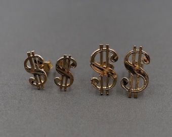 10K Solid Yellow Gold Diamond Cut Money Dollar Sign Stud Earrings. Men Women Children