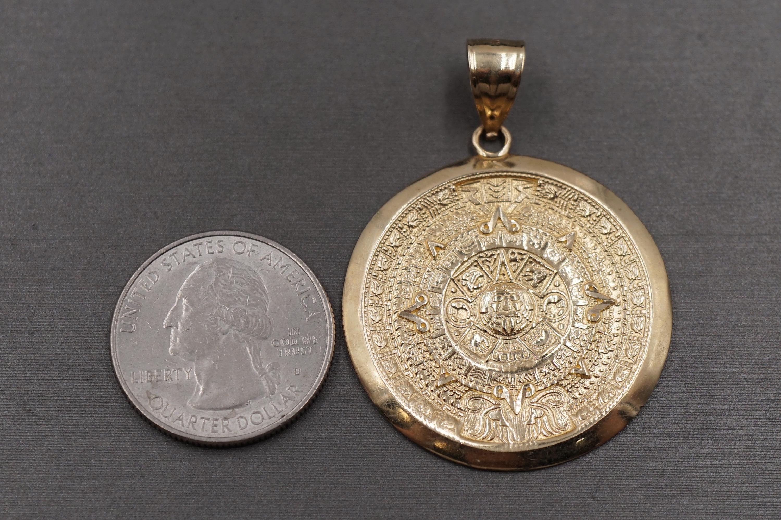 10K Massiv Gelbgold Aztekischer Kalender Anhänger-Sonne Runde Medaille