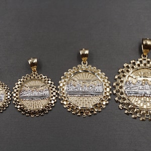 10K Solid Yellow Gold Diamond Cut Two Tone Circle Last Supper Charm Pendant. 4 Sizes