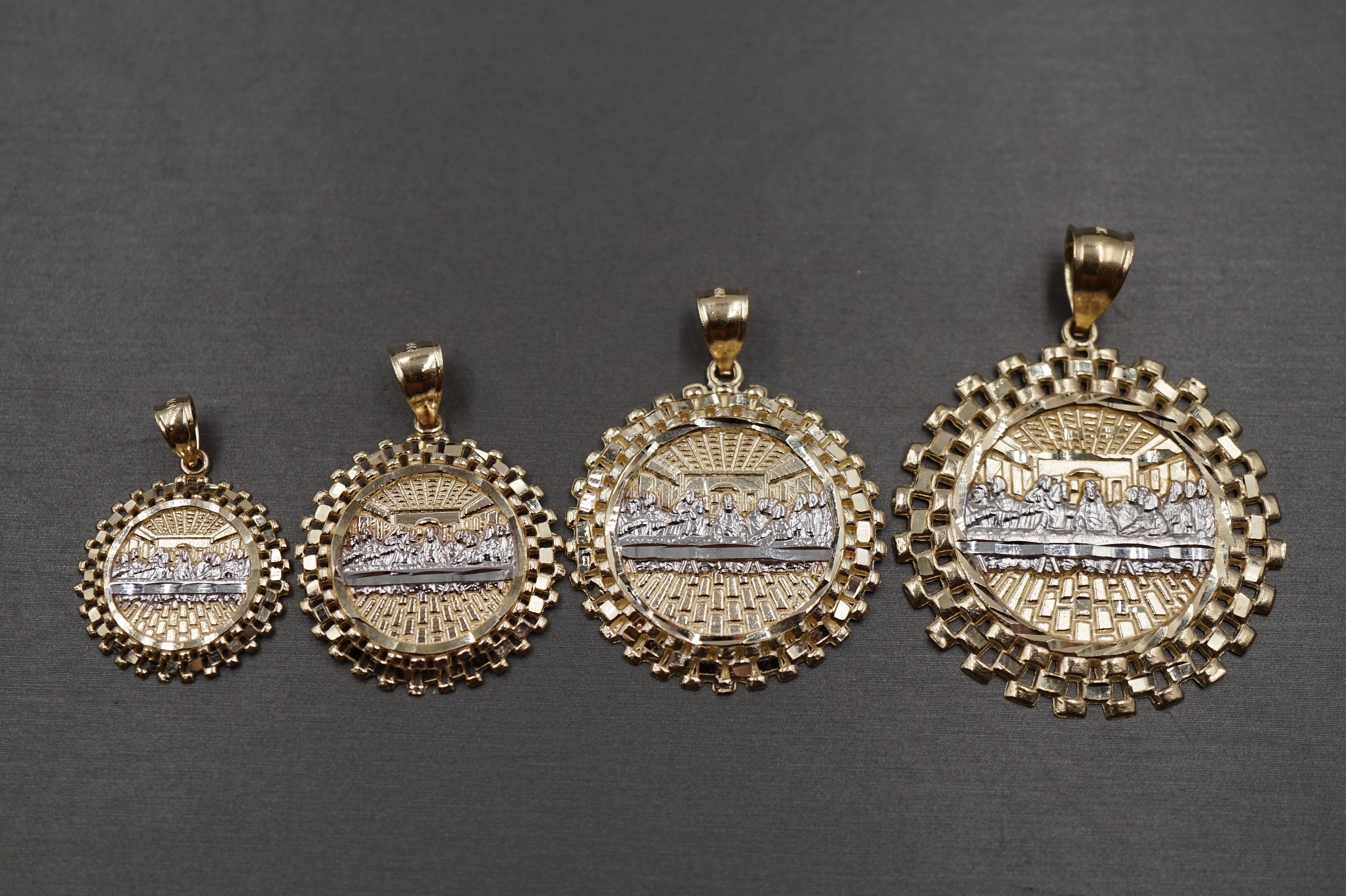 10K Solid Yellow Gold Diamond Cut Two Tone Circle Last Supper Charm Pendant. 4 Sizes