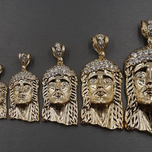 10K Solid Yellow Gold Jesus Face CZ Charm Pendant. 5 Sizes Men Women Kid