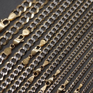 10K Solid Yellow Gold Diamond Cut Two Tone Curb Cuban Chain Necklaces. 16&quot; - 30&quot; Men Women Children Boy Girl Kid Baby 7&quot; - 9&quot; Bracelet