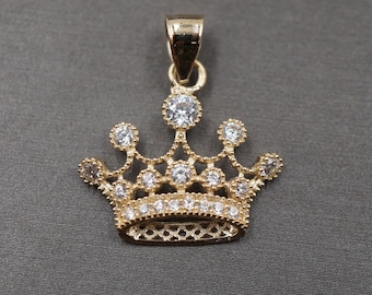 10K Solid Yellow Gold 0.9" Filigree Fancy Crown CZ Charm Pendant.