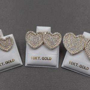 10K Solid Yellow Gold Fancy Iced CZ Heart Safety Screw Back Stud Earring. 3 Sizes