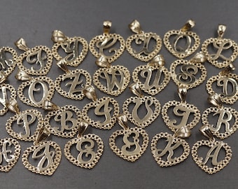 10K Solid Yellow Gold 0.85" Cursive Initial Alphabet Letter Heart Charm Pendant.