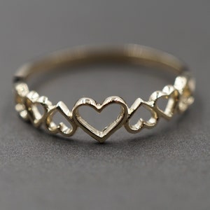 10K Solid Yellow Gold 4.5MM Dainty Seven Heart Band Ring.