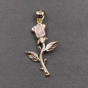 10K Solid Yellow Gold 1.3&quot; Diamond Cut Two Tone Flower Charm Pendant.