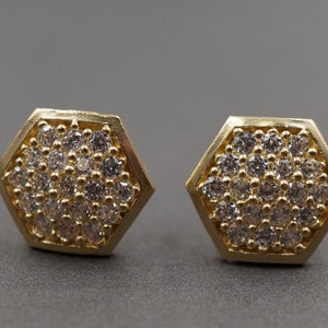 10K Solid Yellow Gold 12MM Hexagon CZ Stud Earring. Men Women Children